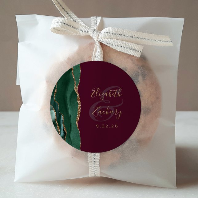 Pegatina Redonda Agate Emerald Green Gold Script Burgundy Boda (Subido por el creador)