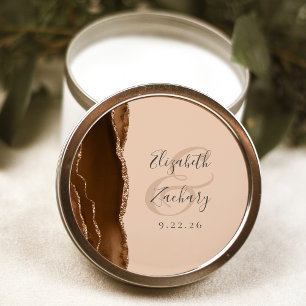Pegatina Redonda Agate Geoda Escritura Mocha Marrón Dorado Tan Boda