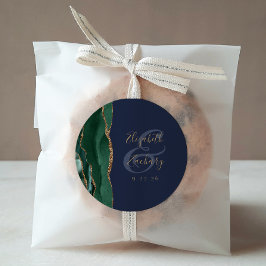 Pegatina Redonda Agate Geode Script Emerald Green Gold Boda