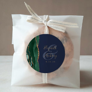 Pegatina Redonda Agate Geode Script Emerald Green Gold Boda