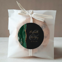 Pegatina Redonda Agate Geode Script Emerald Green Gold Dark Boda