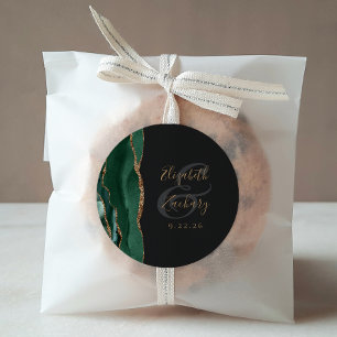 Pegatina Redonda Agate Geode Script Emerald Green Gold Dark Boda