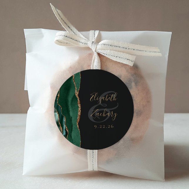 Pegatina Redonda Agate Geode Script Emerald Green Gold Dark Boda (Subido por el creador)