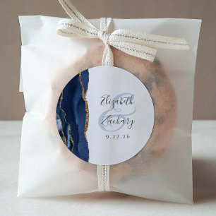 Pegatina Redonda Agate Geode Script Navy Blue Gold Boda