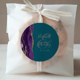 Pegatina Redonda Agate Geode Script Purple Gold Boda Verde azulado