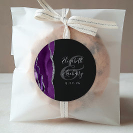 Pegatina Redonda Agate Geode Script Purple Silver Dark Boda