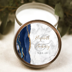 Pegatina Redonda Agate Navy Blue Gold Script Marble Boda