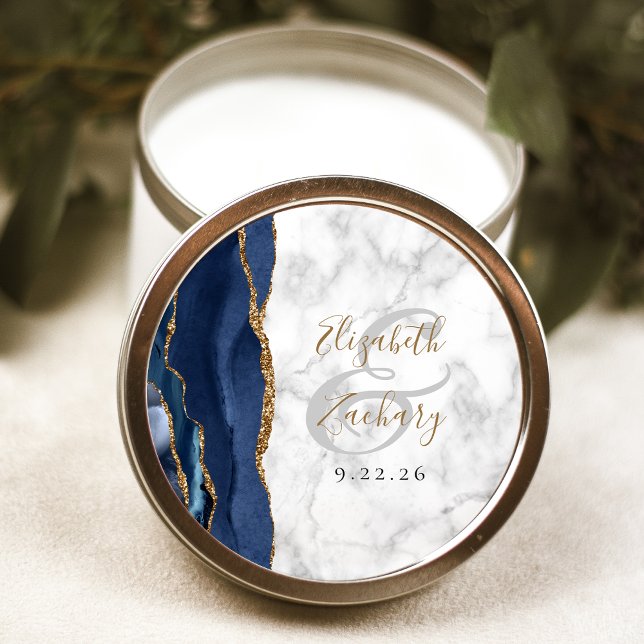 Pegatina Redonda Agate Navy Blue Gold Script Marble Boda (Subido por el creador)