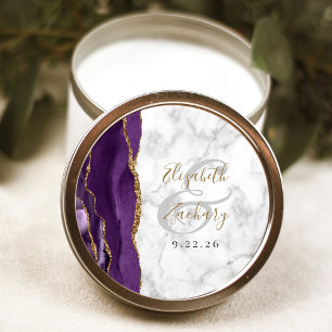 Pegatina Redonda Agate Purple Gold Script Marble Boda