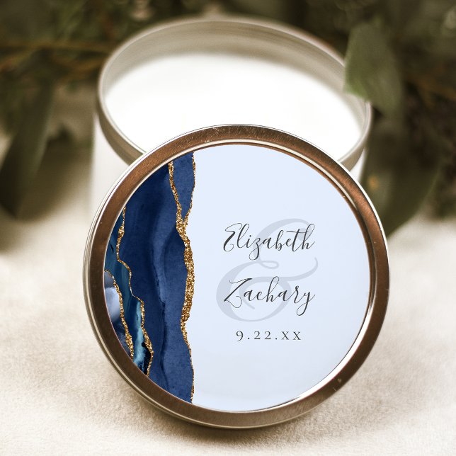 Pegatina Redonda Agate Script Navy Pale Blue Gold Wedding (Subido por el creador)
