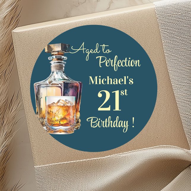 Pegatina Redonda Aged to Perfection Men 21st Whiskey Birthday (Subido por el creador)