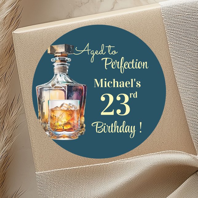Pegatina Redonda Aged to Perfection Men 23rd Whiskey Birthday (Subido por el creador)