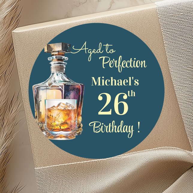 Pegatina Redonda Aged to Perfection Men 26th Whiskey Birthday (Subido por el creador)