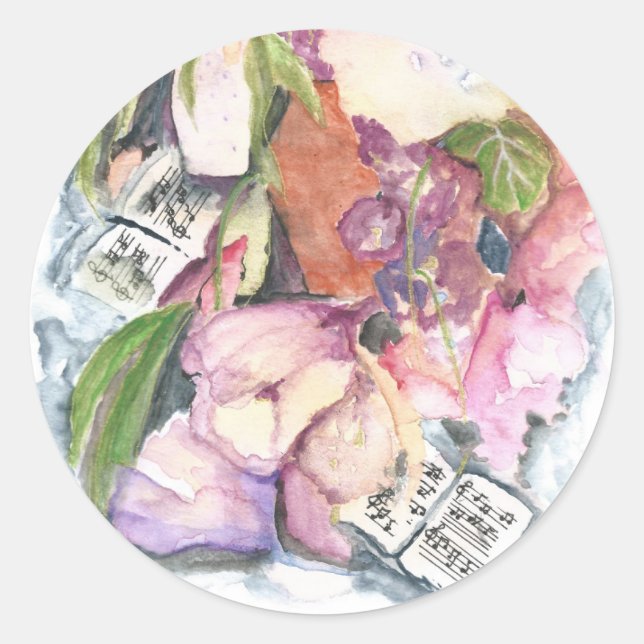 Pegatina Redonda Agenda musical floral acuarela con notas (Anverso)