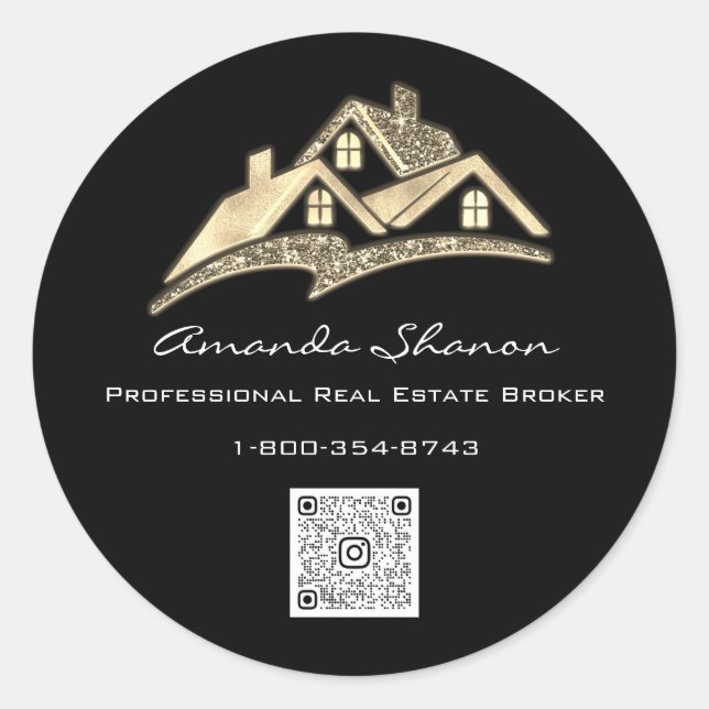Pegatina Redonda Agente Inmobiliario Broker Casa Dorada Código QRLO (Anverso)