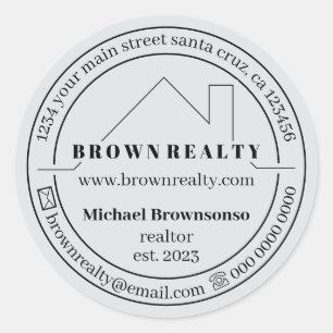 Pegatina Redonda Agente Inmobiliario Logo Simple Casa Gris
