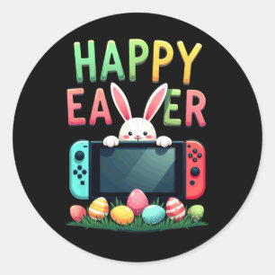 Pegatina Redonda Agosto de Pascua de Jugador de Videojuegos Bunny