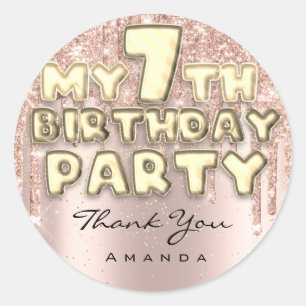 Pegatina Redonda Agradable Cumpleaños Dulce 7 Fiesta Brillo Gotas R
