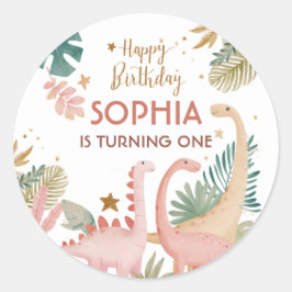 Pegatina Redonda Agradable Dino Rosa