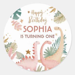 Pegatina Redonda Agradable Dino Rosa