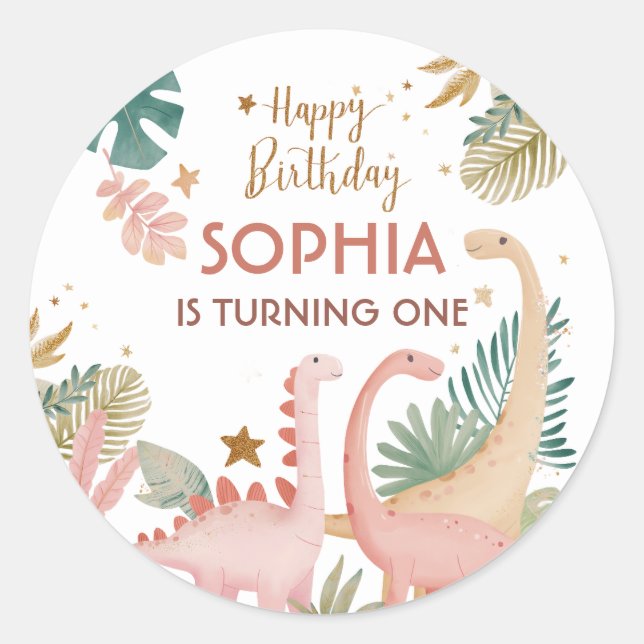 Pegatina Redonda Agradable Dino Rosa (Anverso)