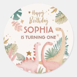 Pegatina Redonda Agradable Dino Rosa