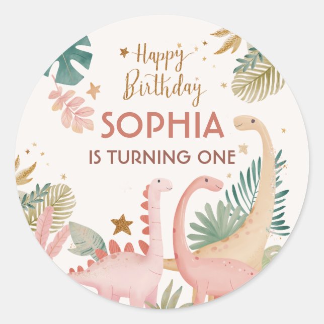 Pegatina Redonda Agradable Dino Rosa (Anverso)