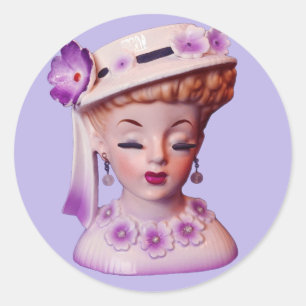 Pegatina Redonda Agradable Lady Head Vase Purple Flowers 1960 Doll