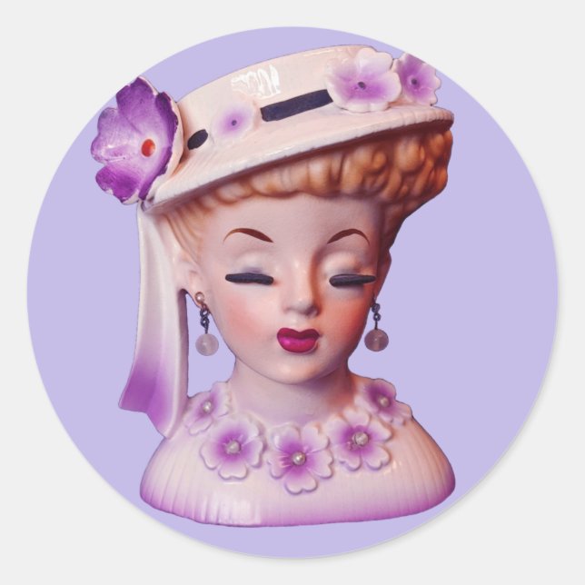 Pegatina Redonda Agradable Lady Head Vase Purple Flowers 1960 Doll (Anverso)