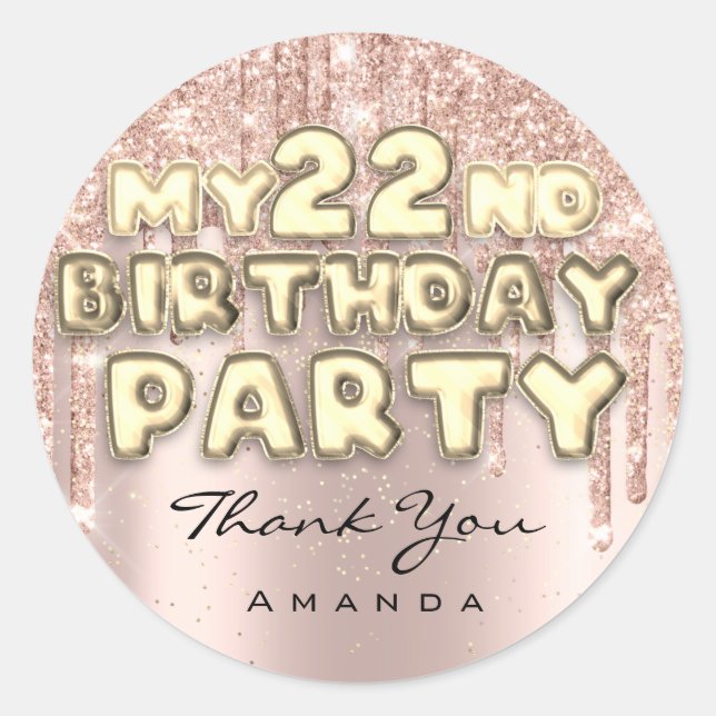 Pegatina Redonda Agradece Nombre Fiesta de Cumpleaños 22 con Brillo (Anverso)