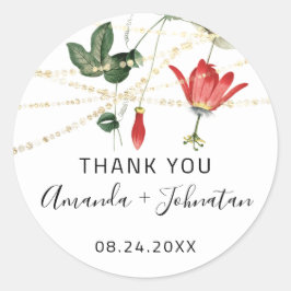 Pegatina Redonda Agradece Rosa Nombre Fecha Blanca Luces Doradas Hi