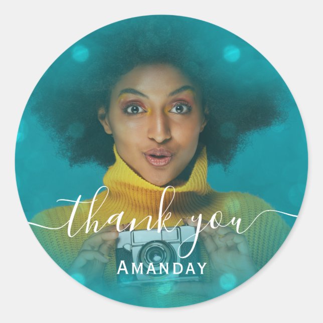 Pegatina Redonda Agradecer Foto  Cumpleaños Fiesta Chica Rosa Turqu (Anverso)