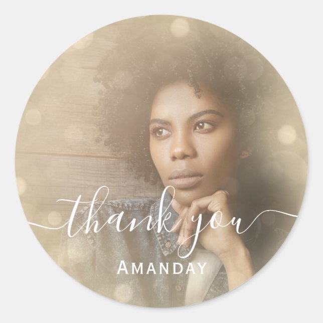 Pegatina Redonda Agradecer Foto Cumpleaños Fiesta Rosa Sepia (Anverso)