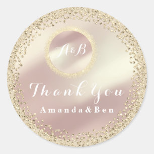 Pegatina Redonda Agradecer Monograma Brillante Rosa Blanca de Oro N