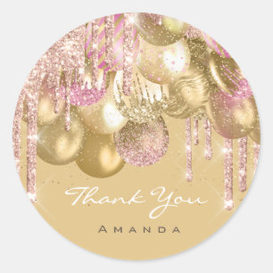 Pegatina Redonda Agradecer Nombre 16º Rosa Nupcial Glitter Balón Do
