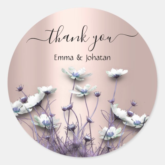 Pegatina Redonda Agradecer Nombre Prado Nupcial Flor Silvestre Rosa (Anverso)