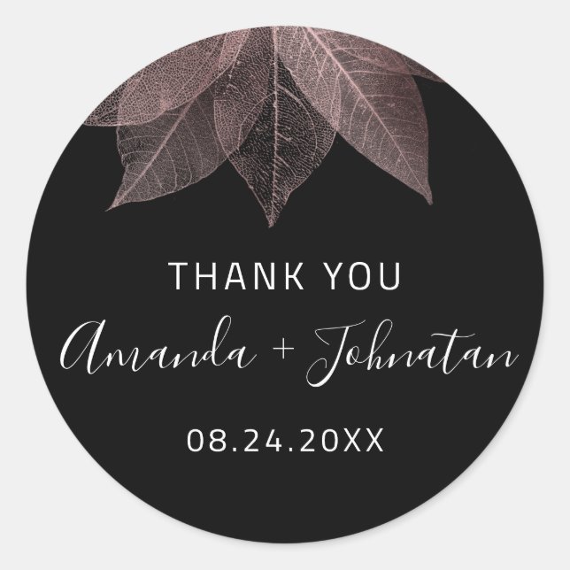 Pegatina Redonda Agradecer Rosa Hoja de Oro Nombre Fecha Negro Blan (Anverso)