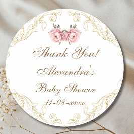 Pegatina Redonda Agradecimiento a la Baby Shower de Pink Peony Roco