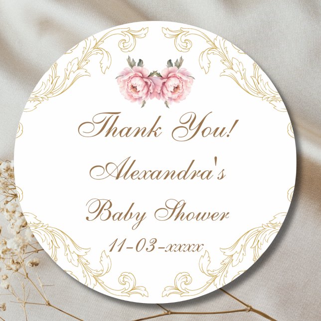 Pegatina Redonda Agradecimiento a la Baby Shower de Pink Peony Roco (Subido por el creador)
