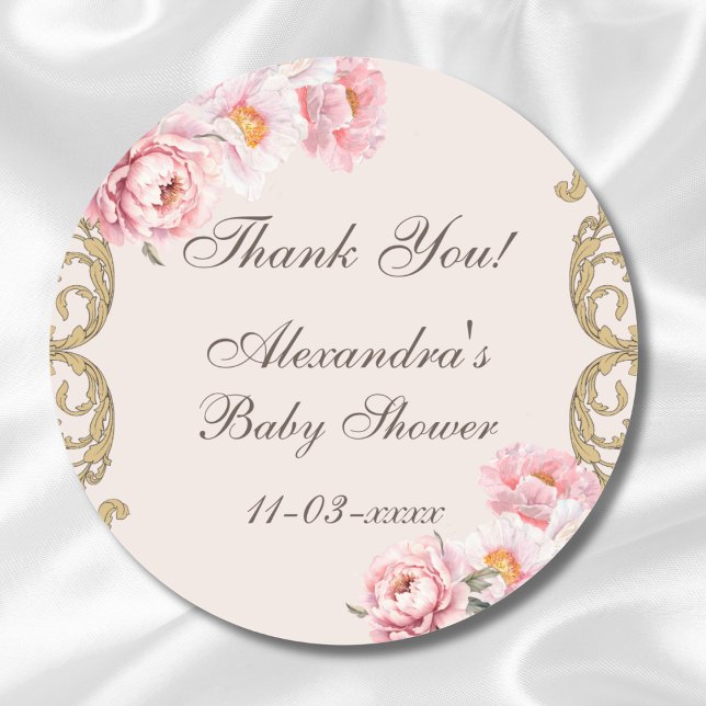 Pegatina Redonda Agradecimiento a la Baby Shower de Pink Peony Roco (Subido por el creador)