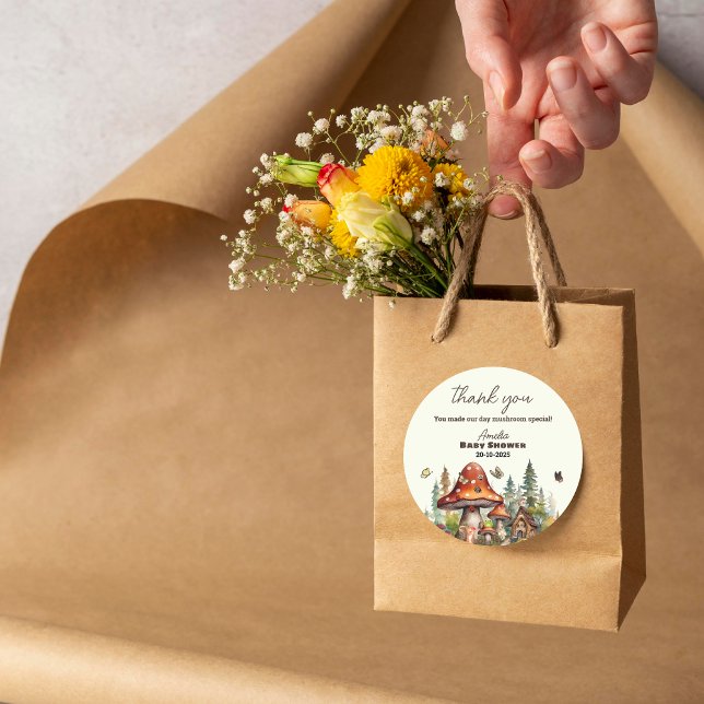 Pegatina Redonda Agradecimiento a la caída en Baby Shower de los ho (mushroom food, rustic fall tent, forest animal party labels, woodland buffet autumn, fall)