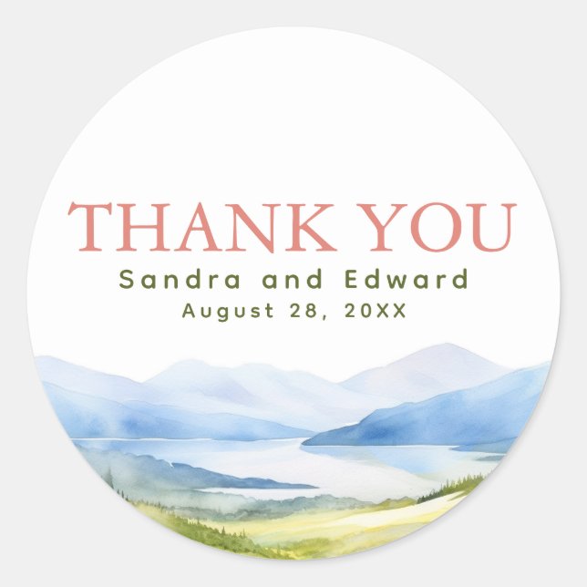 Pegatina Redonda Agradecimiento Acuarela Montañas (Anverso)