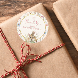 Pegatina Redonda Agradecimiento Beige Wildflower Gracias Bunny