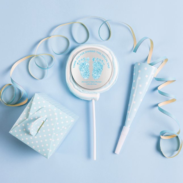 Pegatina Redonda Agradecimiento de Baby Shower a Purpurina Blue Boy (Gray Blue Boy Glitter Feet Baby Shower Favor Thank Classic Round Sticker)