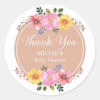 Pegatina Redonda Agradecimiento de Baby Shower Acuarela Flor Silves