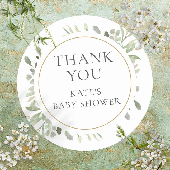 Pegatina Redonda Agradecimiento de Baby Shower Acuarela Verde (Watercolour Greenery Baby Shower Thank You Classic Round Sticker)
