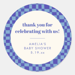 Pegatina Redonda Agradecimiento de Baby Shower Azul Cuadros Persona