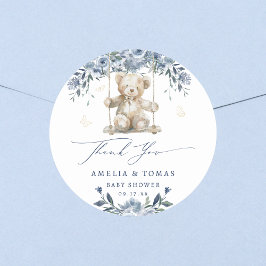 Pegatina Redonda Agradecimiento de Baby Shower Columpio de Osito Az