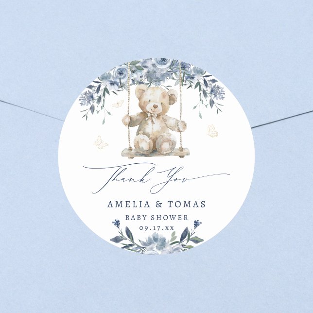 Pegatina Redonda Agradecimiento de Baby Shower Columpio de Osito Az (Subido por el creador)