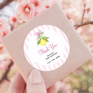 Pegatina Redonda Agradecimiento de Baby Shower Coquette Limón Rosa